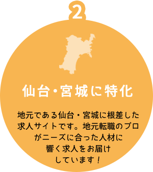 2 仙台・宮城に特化 地元である仙台・宮城に根差した求人サイトです。地元転職のプロがニーズに合った人材に響く求人をお届けしています！